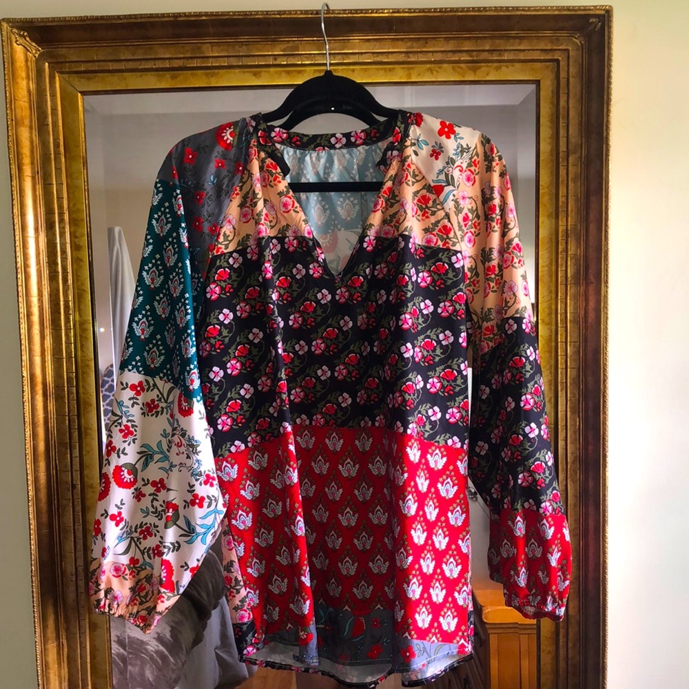Floral Patchwork V-Neck Blouse